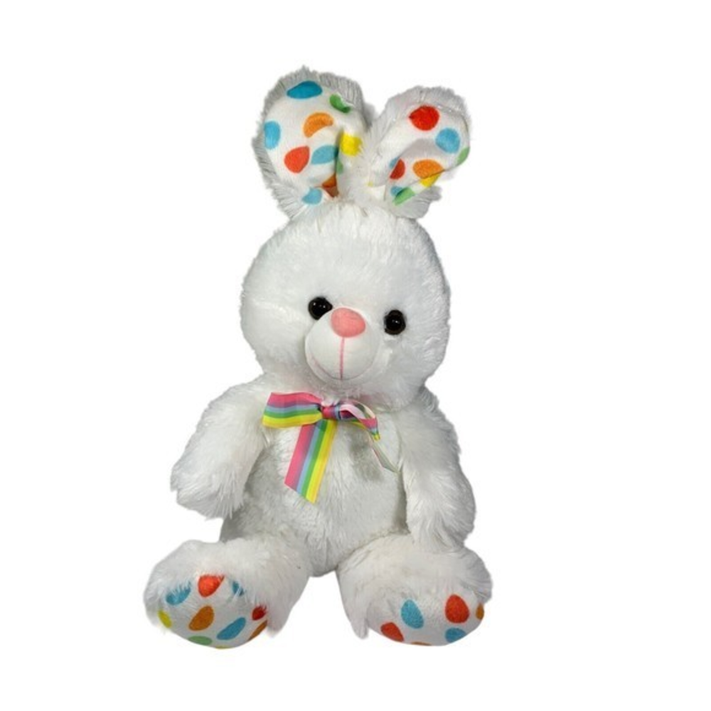 Megatoys‎ White Plush Rabbit Polka dots Rainbow Ribbon 14" Clean Soft￼